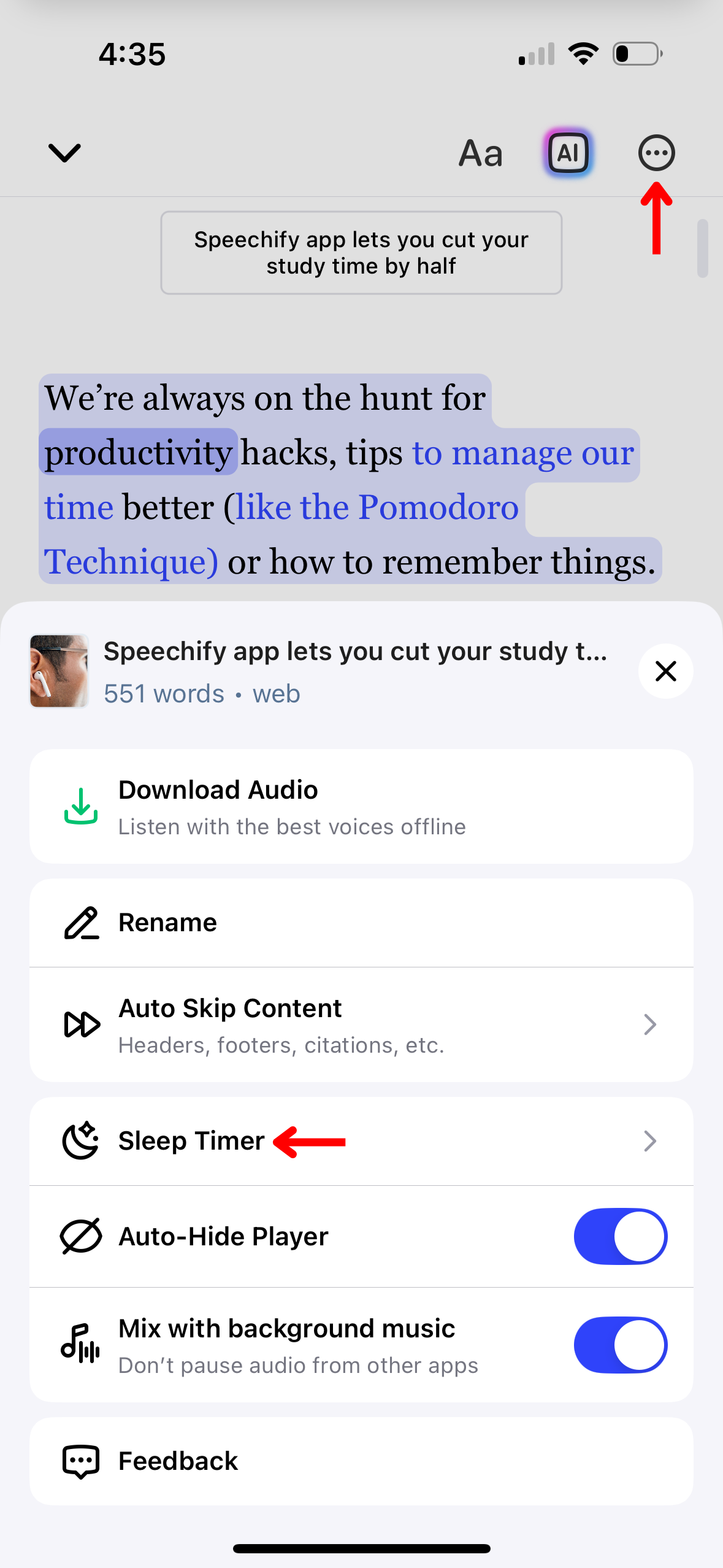 How to use Sleep Timer on the Speechify iOS App